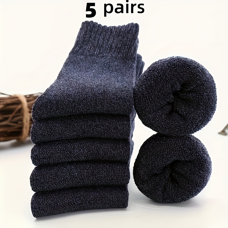 TEMU 5 Pairs Men's Thick Wool Blend Socks - Cozy Mid-calf Winter Socks With 15% Wool, 5% Spandex & 80% Polyester, Soft Warm Casual Socks For Cold