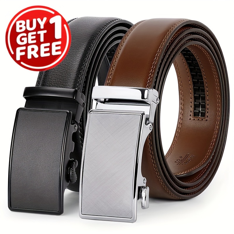 

2-pack Men Sliding Automatic Split Real Leather Belt For