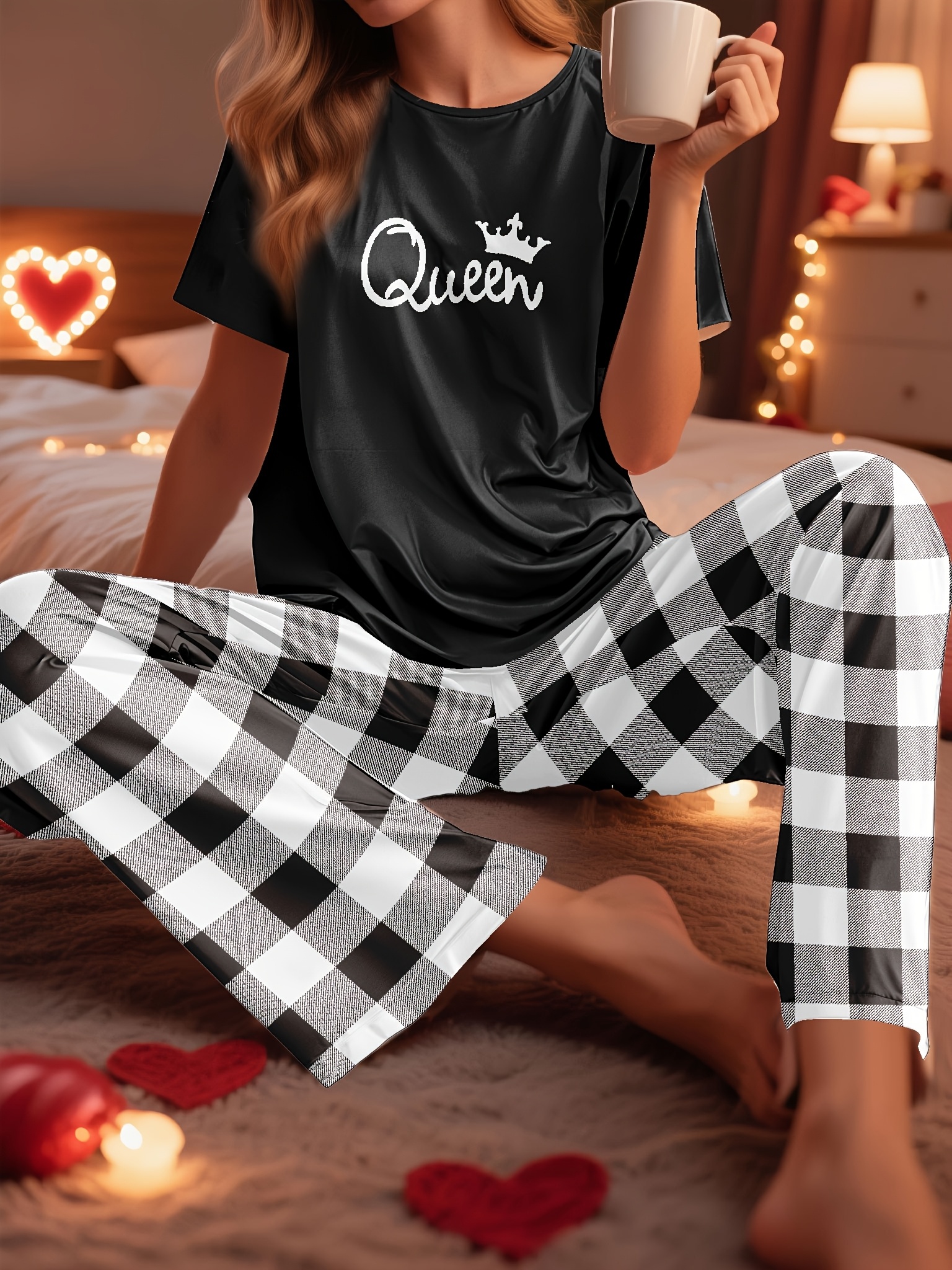 couples homewear set for men and women featuring stylish and comfortable designs this set   a short sleeve letter t shirt and plaid long pants   relaxing at home and suitable for cool weather womens 4