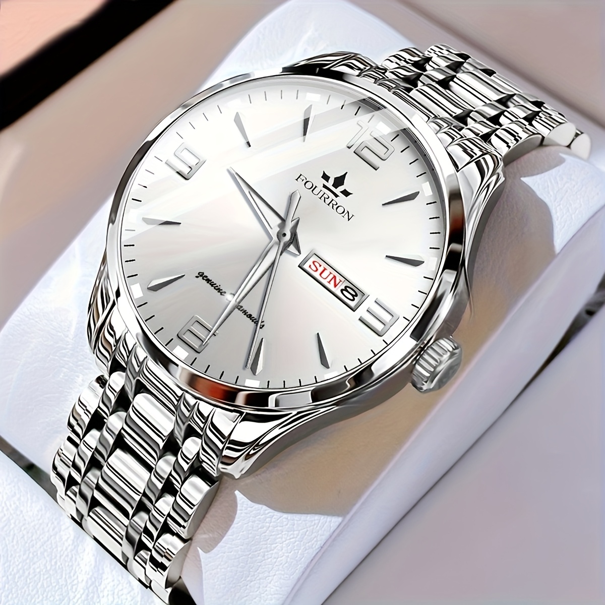 Image of 1pc New Fourron Men' Steel Strap Quartz Watch - Large Hd Scratch Resistant And Wear-resistant Dial, Ipx7 Waterproof, Luminous, Date & Calendar Function, , Stylish Gift For Him