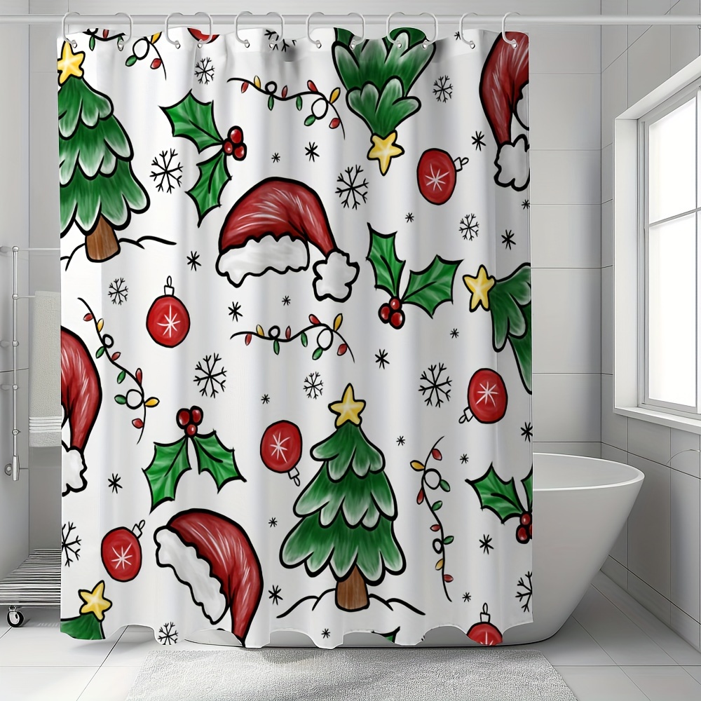 

Merry Christmas Shower Curtain - Waterproof, Machine Washable With Cartoon Santa Hat & Design, Includes 12 Hooks - Bathroom Decor