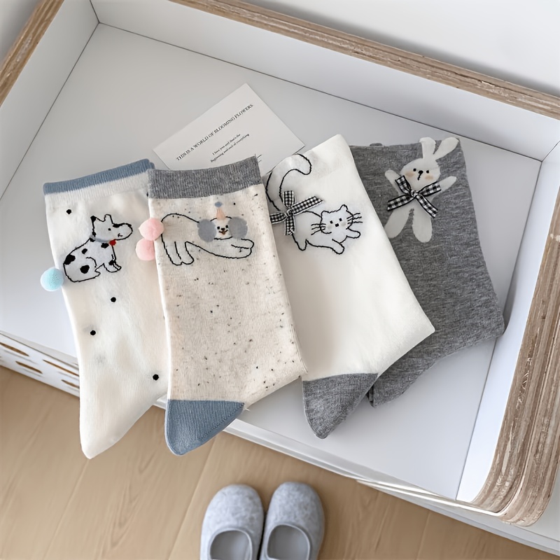 TEMU 【4足セット】レディース ソックス 秋春 ミッドカフ レディース カラーブロック ロウマウス ドット柄 かわいい 犬柄 ロングソックス