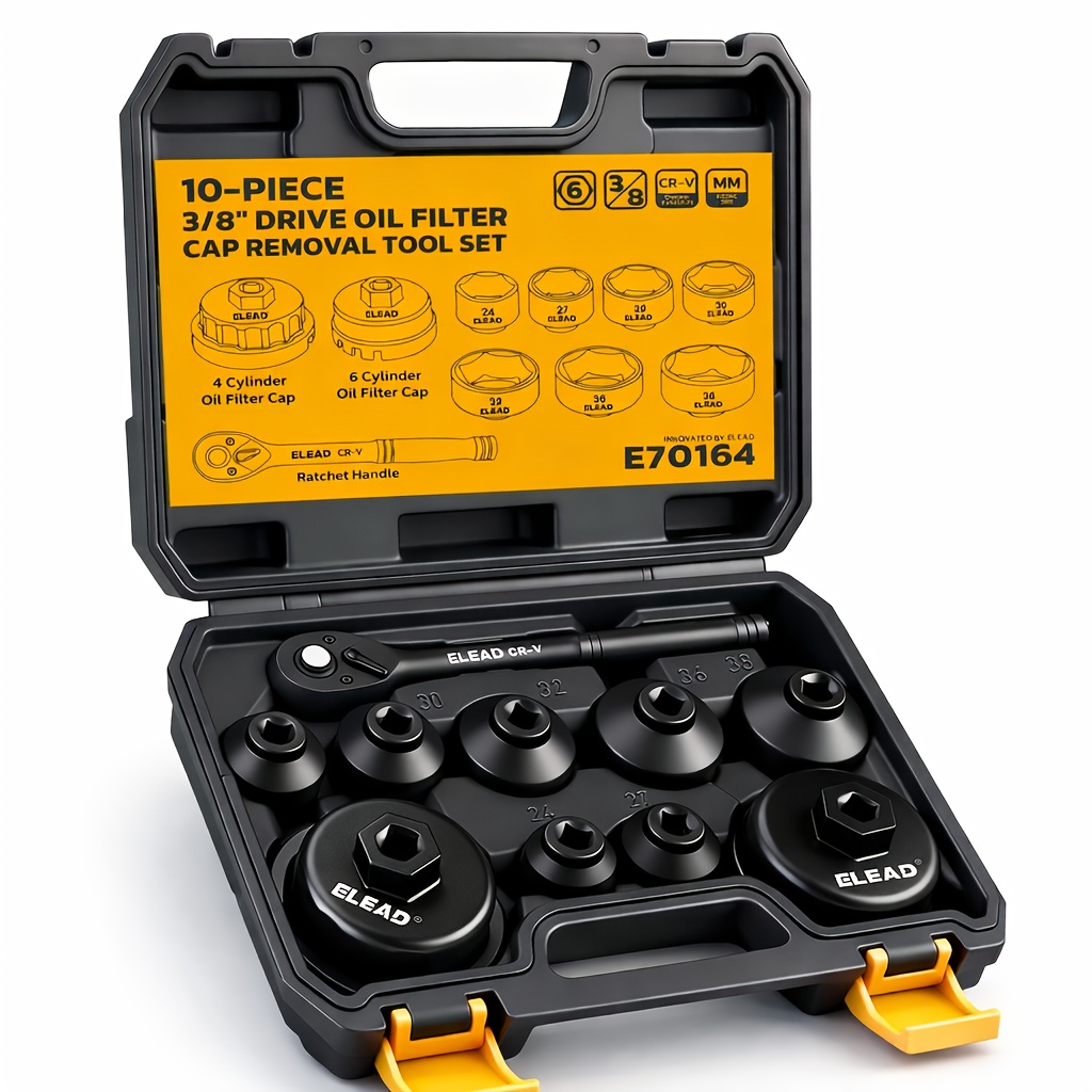 TEMU Elead 10pcs Oil Filter Socket Wrench Set, 3/8 Inch Series Metric Oil Filter Removal Tool, Low-profile Filter Socket Set With Ratchet Handle,