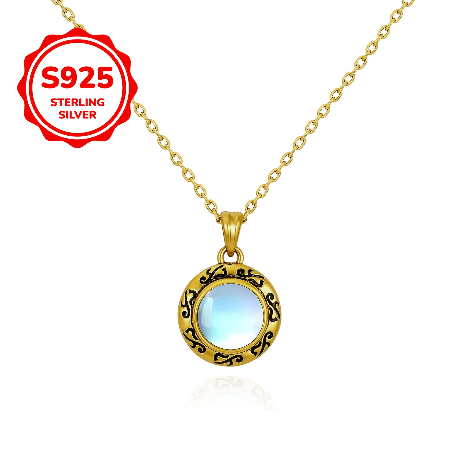Women's Black Textured Design Necklace with Moonstone Inlay