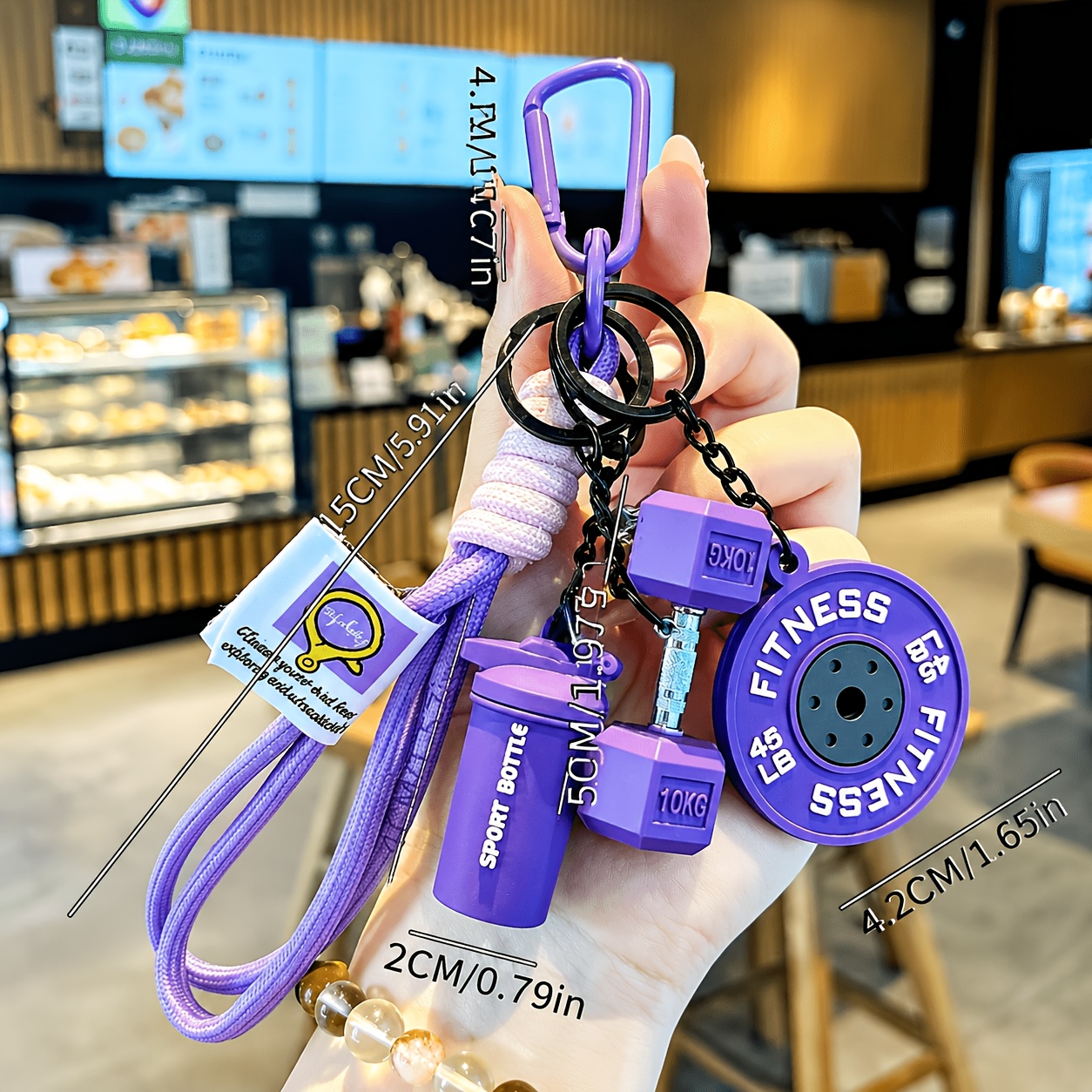 TEMU 4pcs Personalized Sports Style Barbell Dumbbell Plate Keychain, Handmade Woven Fitness Keychain Set, Fashionable And Kettlebell Backpack Pendant