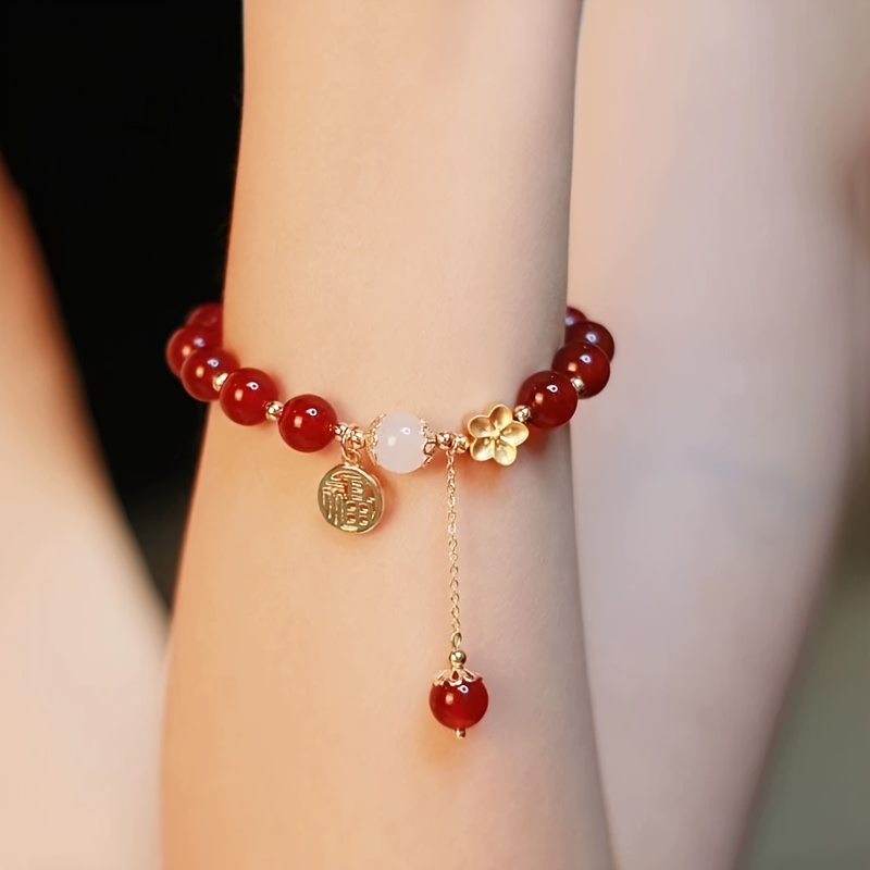 Chinese Lucky Red Bracelet with Fu Charm - Vintage Good Luck Beaded Jewelry for Women, Perfect Gift for Valentines Day/Mothers Day, Daily Wear Spiritual Accessory