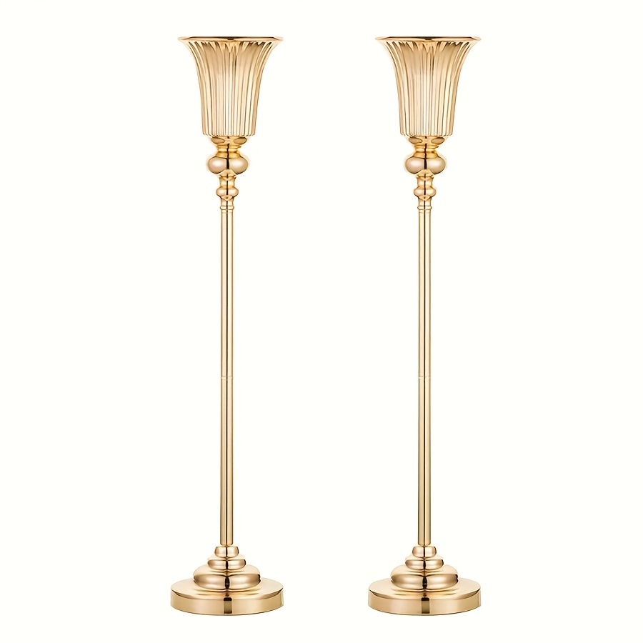 Image of 2pcs 28"h Golden Metal Trumpet Vases For Wedding Centerpiece & Party Table Decor - Stand Set,for Christmas, Halloween
