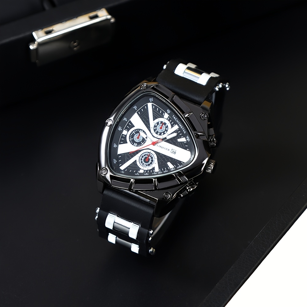 3pcs Set Men'S Quartz Watches with Silicone Strap & Date Display - Classic Triangular Dial, & Golden-Tone Case, Non-Rechargeable Battery, Casual & Sporty Wear