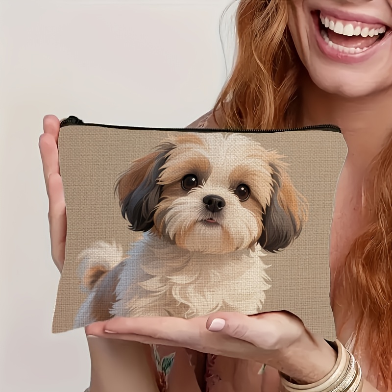 TEMU 2d, 1 Portable Zippered Cosmetic Storage Bag, Featuring A Cute Shih Tzu Puppy Art Design, Suitable For Christmas And Halloween. This Versatile