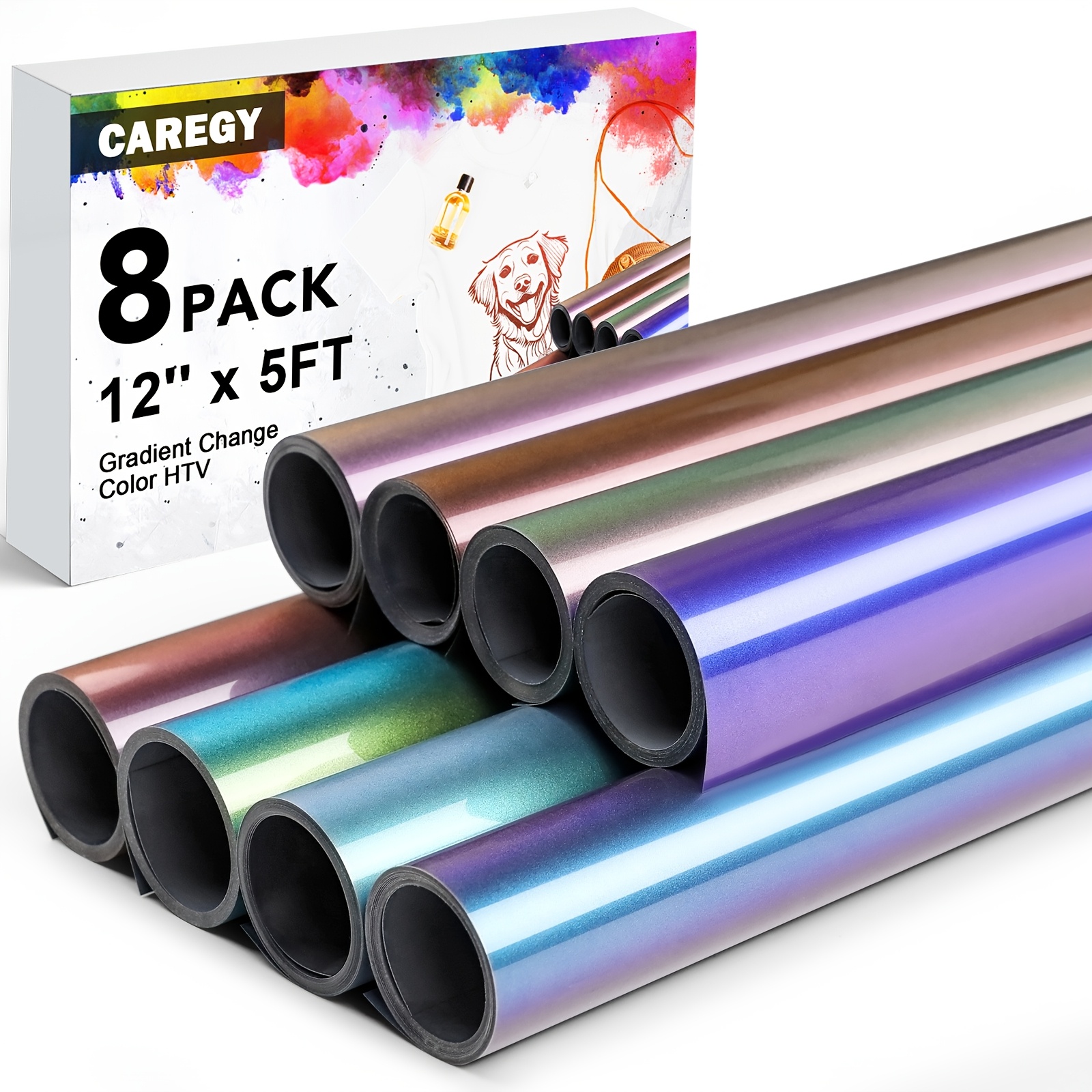 

[8-pack 12"x5ft Gradient Chameleon Iron-on Vinyl Sheets] Caregy 8-pack Gradient Chameleon Iron-on Transfer Vinyl Sheets, 12" X 5ft Mixed Colors, Vinyl Material For Heat Press Decals