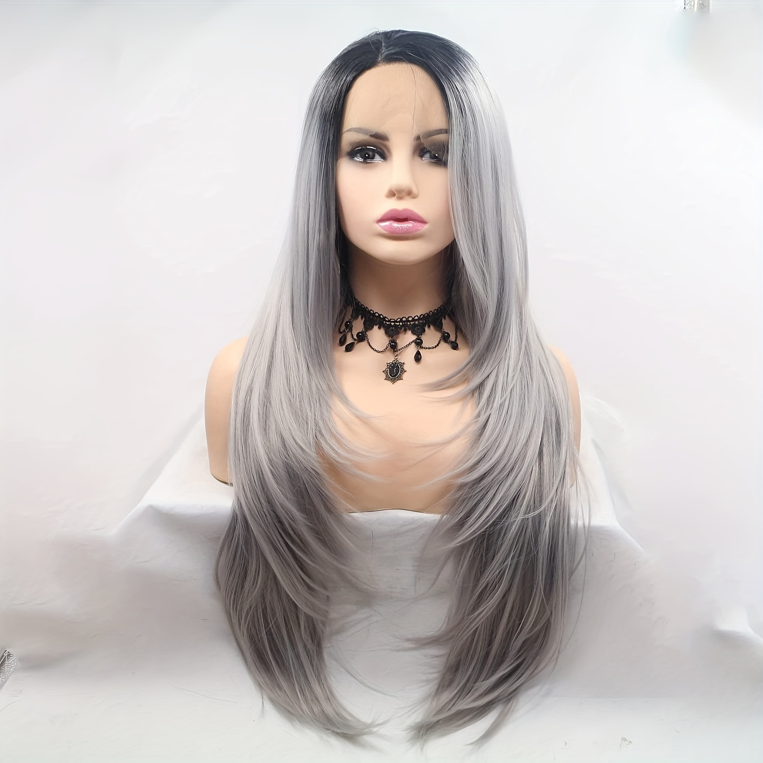 silve grey ombre lace front wigs hairline long - Temu display picture 1