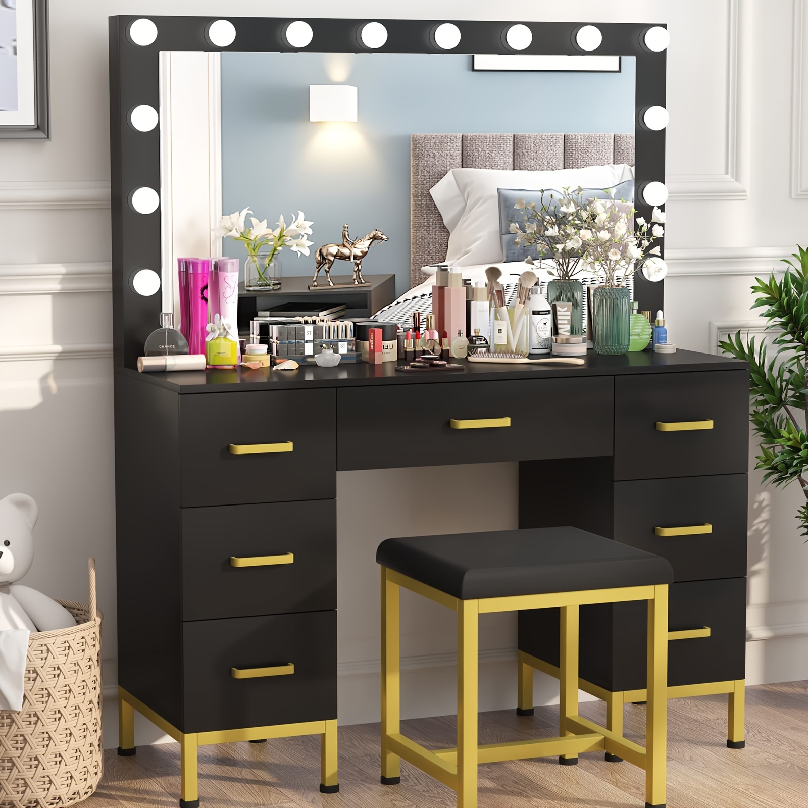 

Desk , Makeup 14pcs Led , Dressing Table Set 7 Drawers & Stool, 3