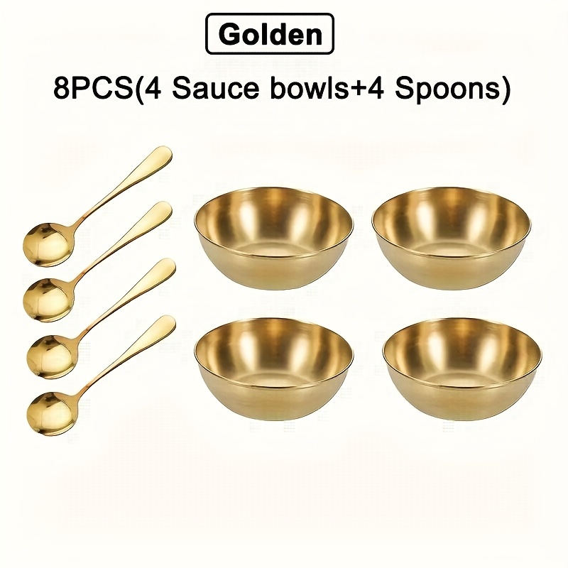 TEMU 8/12pcs Luxurious Golden Sauce Bowl&seasoning Spoon Set, Premium Stainless Steel Seasoning Dishes Sushi Dipping Bowl Appetizer Plates Espresso