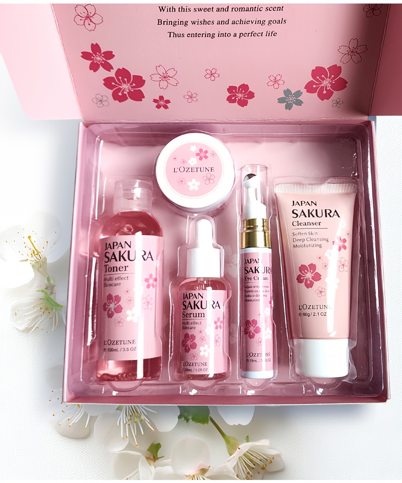 Cherry Blossom Skincare and Beauty Care Set, Includes Moisturizing Toner, Eye Cream, Facial Cleanser, Face Cream, and Cherry Blossom Essence. Suitable for All Skin Types: Dry, Normal, and Combination. Ideal for Post-facial Hair Removal Beauty Care.
