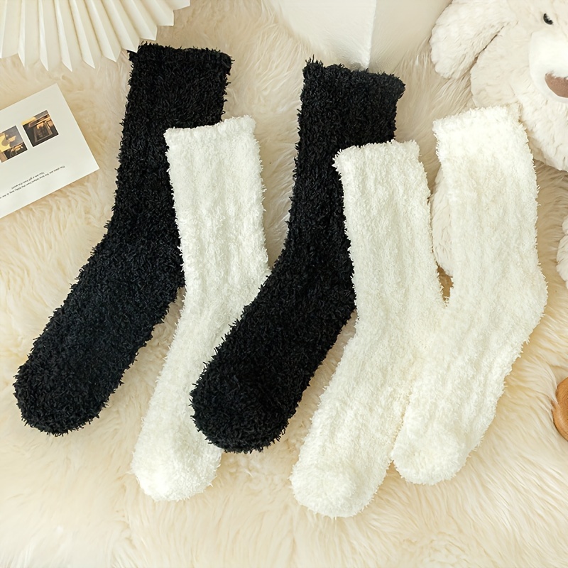 

4 Pairs Solid Fuzzy Fleece Socks, Simple & Warm Home Floor Mid Tube Socks For Fall & Winter, Women's Stockings & Hosiery