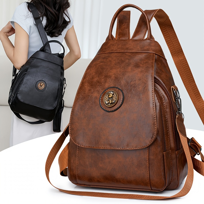 

Vintage Style Leather Backpack For Women, Solid Color, Adjustable Straps, Zipper Closure, Polyester Lined, Multifunctional Shoulder Bag With , Backpack For Travel