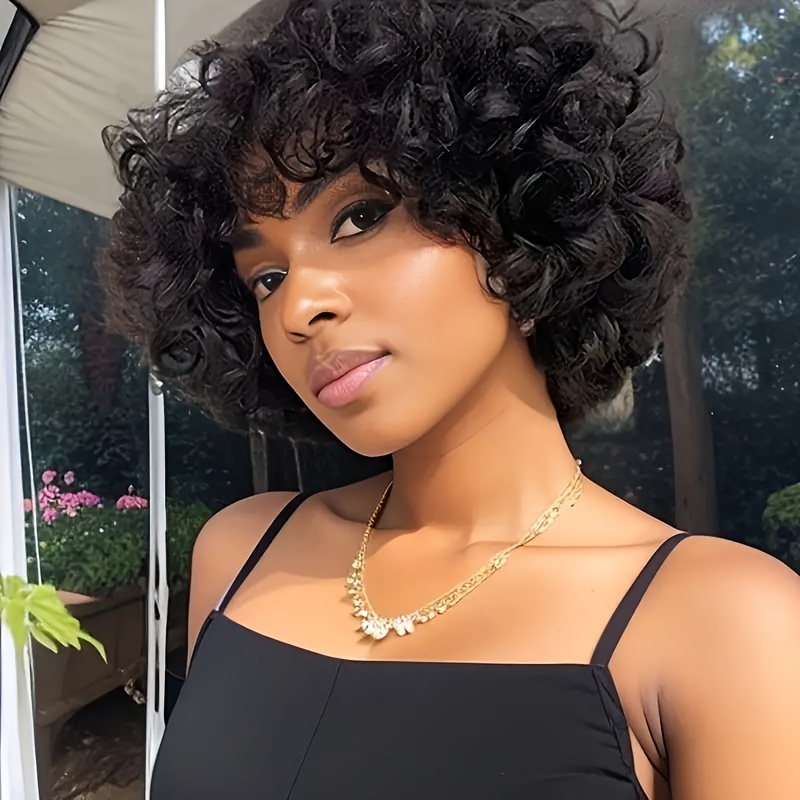 

Women's Hair Short Bob Wig, Afro Loose With Bangs, Cut, Bouncy 180% Density, Rose Cap, Glueless Wig For All