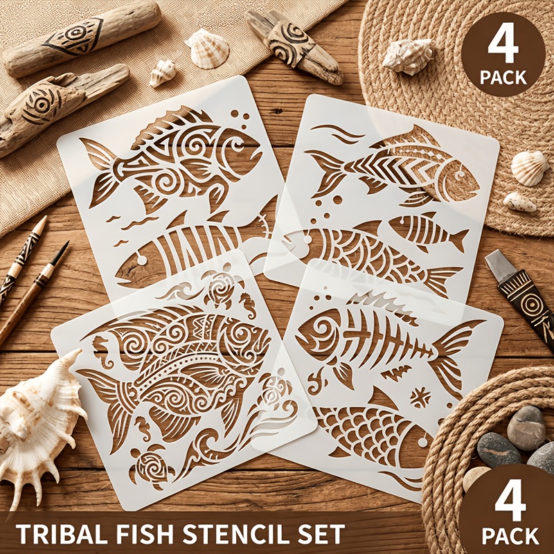Image of 4pcs 6.0 X 6.0 Inch Tribal Style Fish Pattern Reusable Stencil For Home Decoration, Suitable For Painting On Canvas, Plastic, Ceramic, Walls And Fabrics - Durable Pet Stencil
