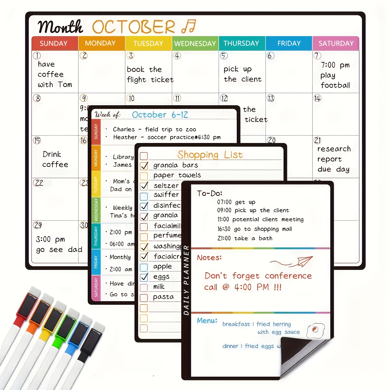 Magnetic Dry Erase Monthly Calendar Set - 14.56"x11.02" Monthly Calendar, 6.29"x8.66" Weekly, Daily, List Boards For Fridge - 6 Extra Fine Point Markers Included - Flat