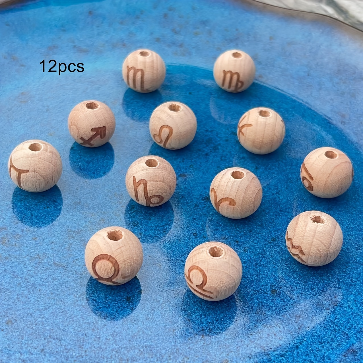 Image of 12 Wooden Zodiac Sign Decorative Beads For Making Bracelets And Necklaces, Perfect For Gifts, Birthday Presents, And Thanksgiving Surprises