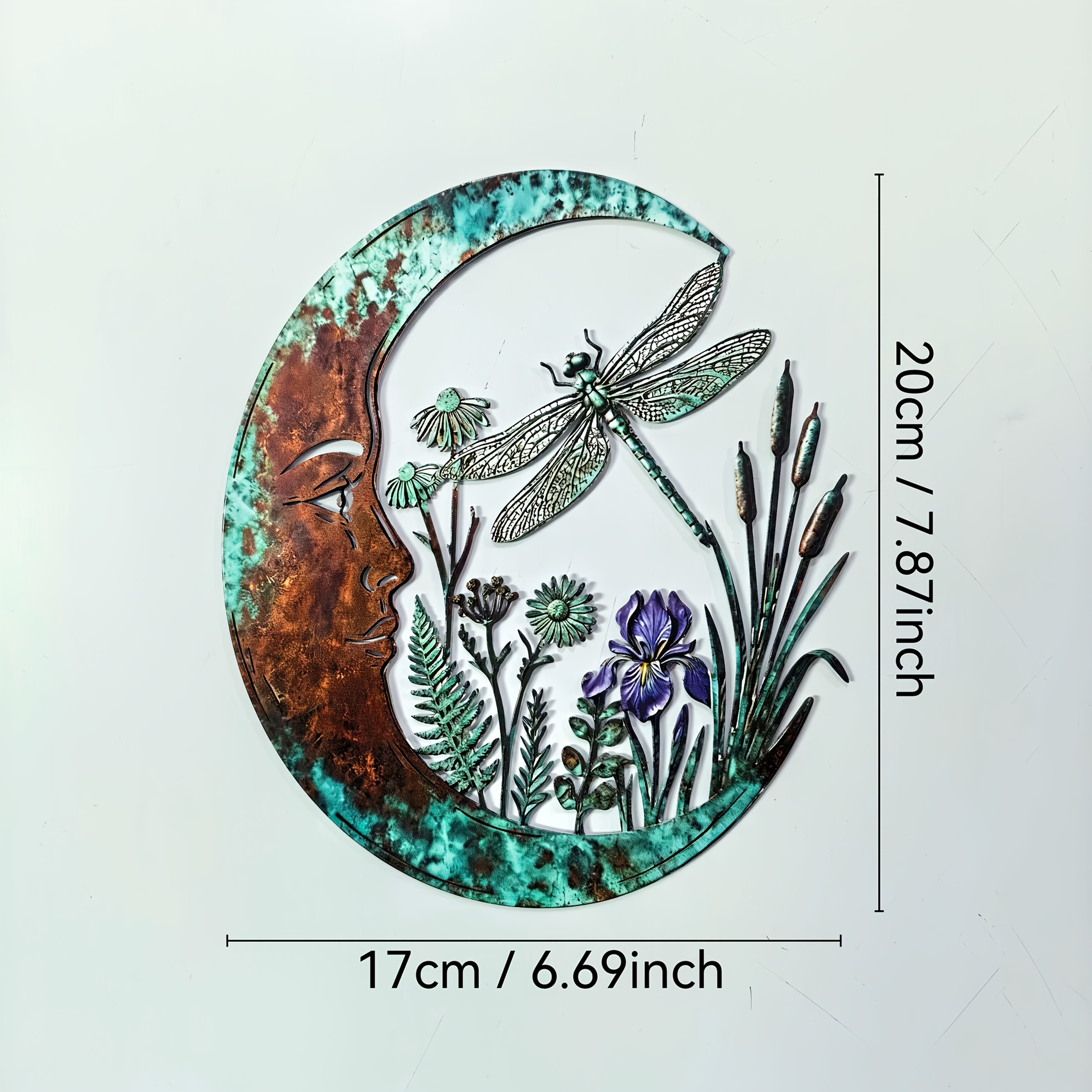 TEMU 【2d Flat】 [2d Flat] Citonging Distressed Crescent Face Metal Wall Decor, Dragonfly Floral Iron Wall Hanging, Outdoor Courtyard Garden Art