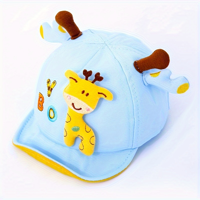 TEMU 1pc Adjustable Soft Breathable Cotton Sun  , Cartoon Giraffe Design Sun Hat With Yellow Brim, For 3 Months To 2 Years Old