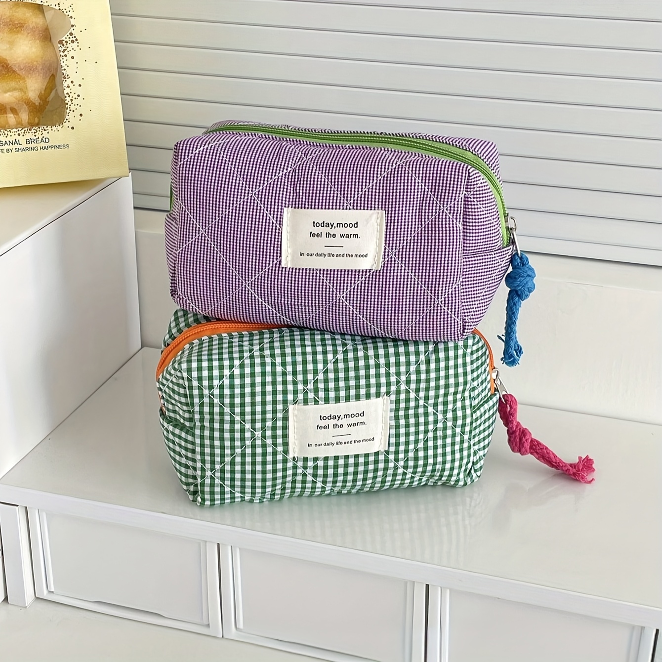 bolsa de almacenamiento portátil de gran capacidad octogonal a cuadros vintage, bolsa dentro de bolsa, neceser de maquillaje a cuadros de moda - material de poliéster   multicompartimento | organizador de accesorios para el cabello y joyas | diseño de esenciales para mujer en colores verde y
