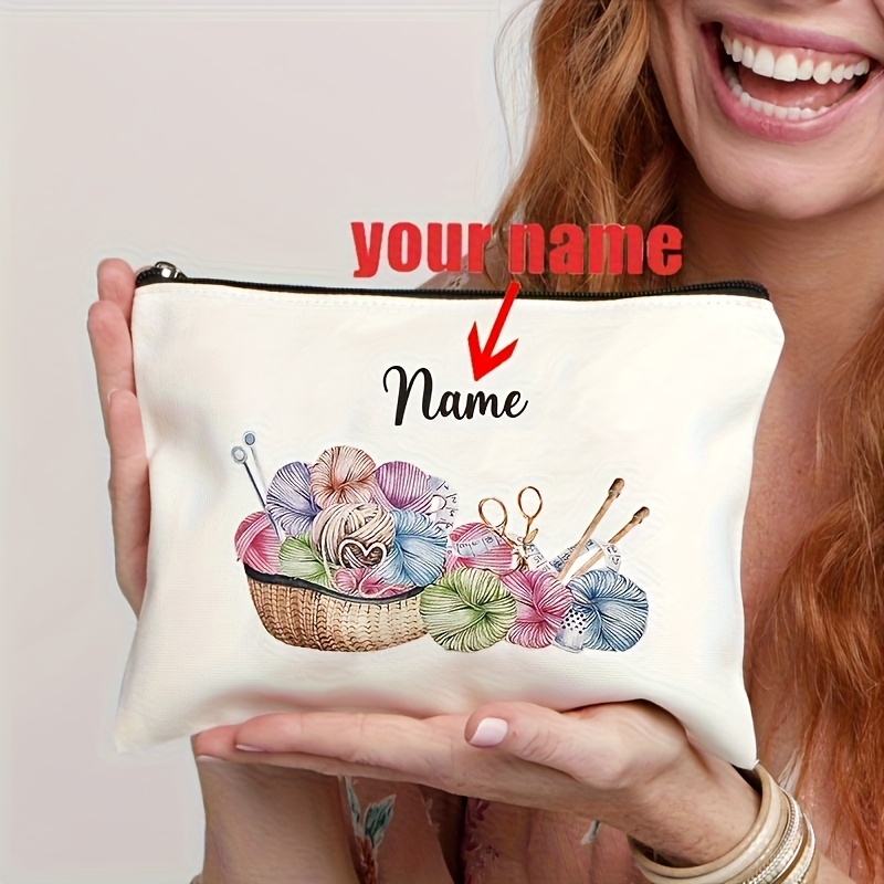 Image of 1pc, Personalized Custom Name, Crocheted Cosmetic Bag - Lightweight Foldable With Zipper Closure, Perfect Mother's Day, Birthday Gift, Handmade Storage Bag