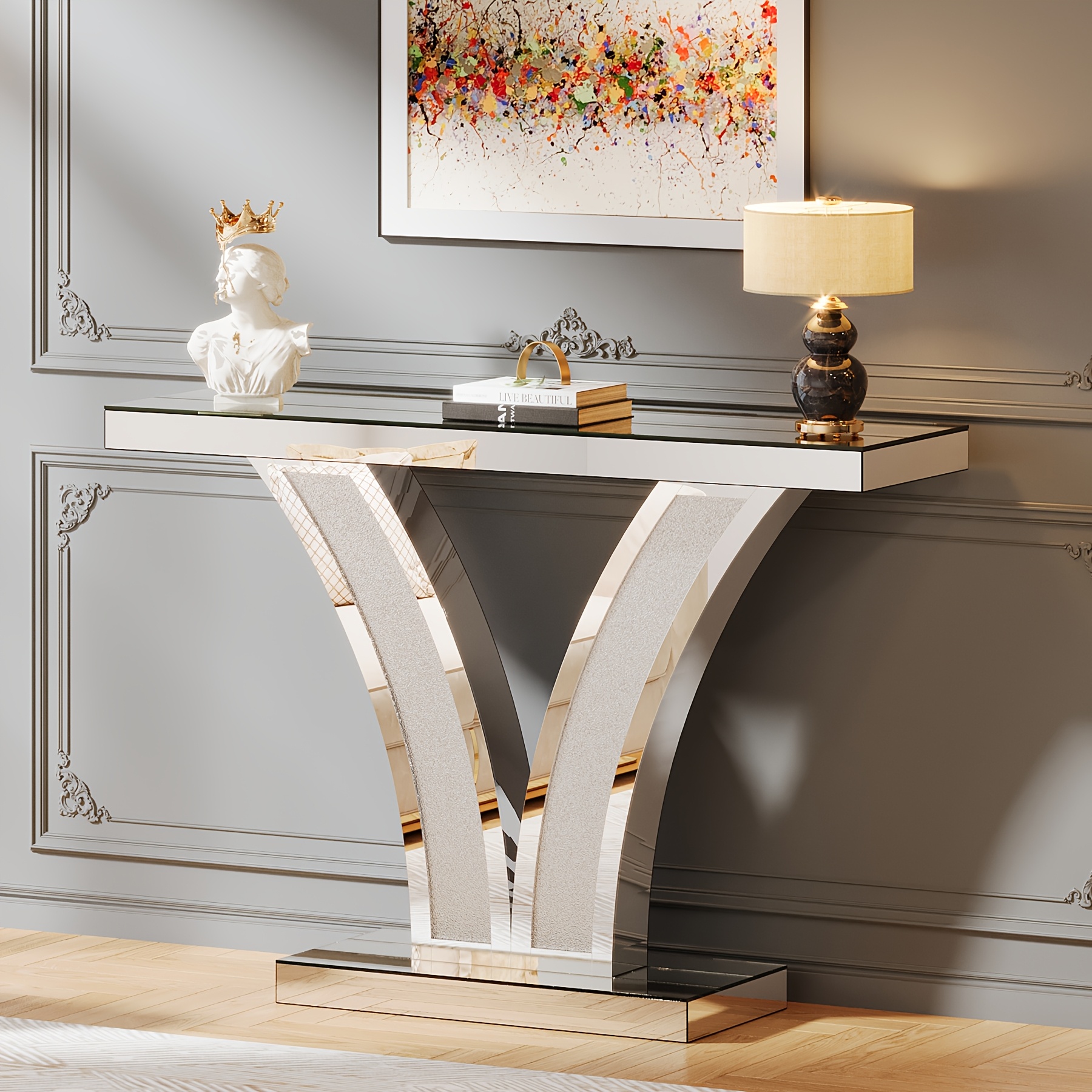 Mirrored Console Table, Modern Sliver Entryway Sofa Table With Crystal Inlay Frames For Living Room, Hallway, Foyer