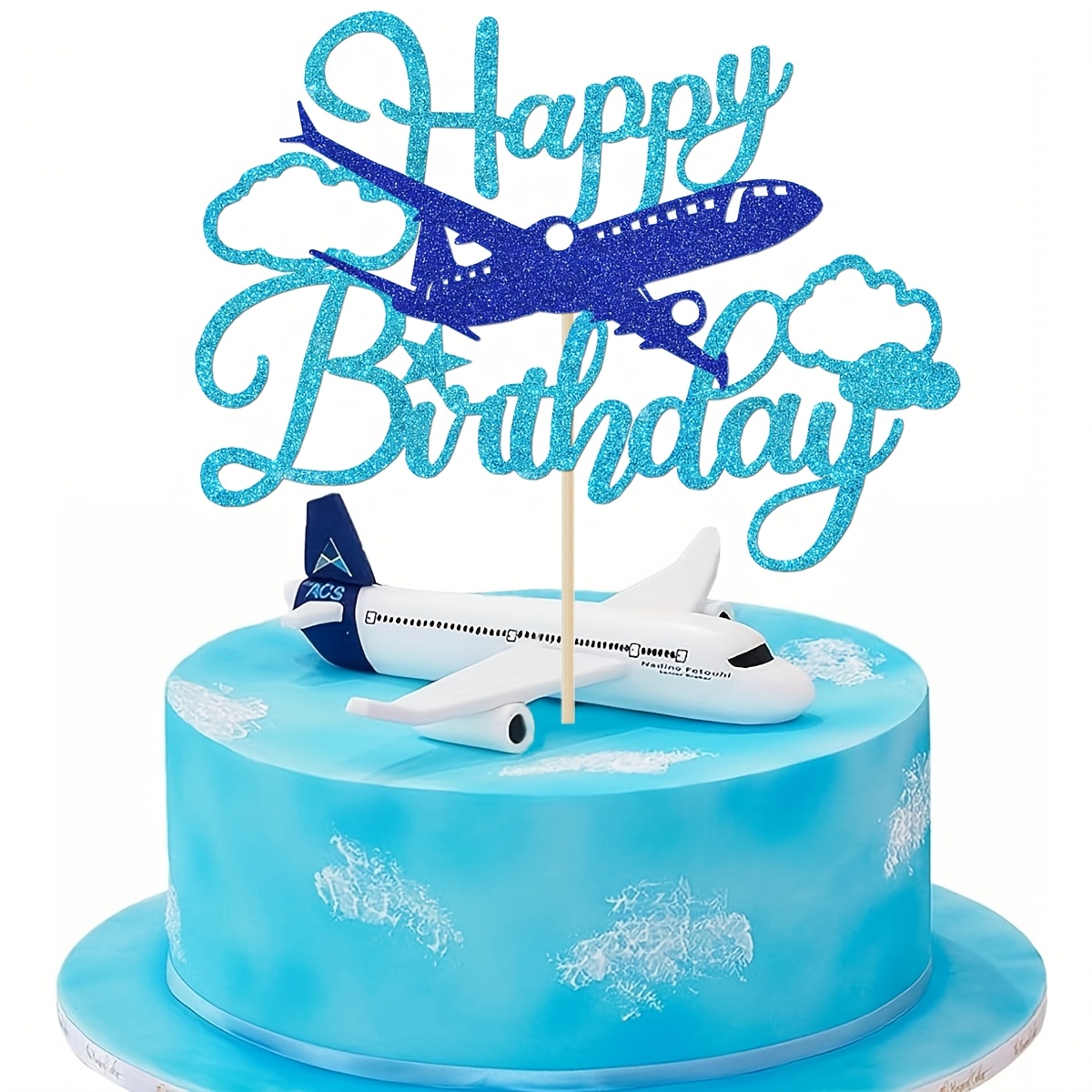Image of 1pc Glitter Airplane Happy Birthday Cake Topper, Airplane Birthday Party Decorations, , Men's Plane Travel Theme Birthday Party Supplies