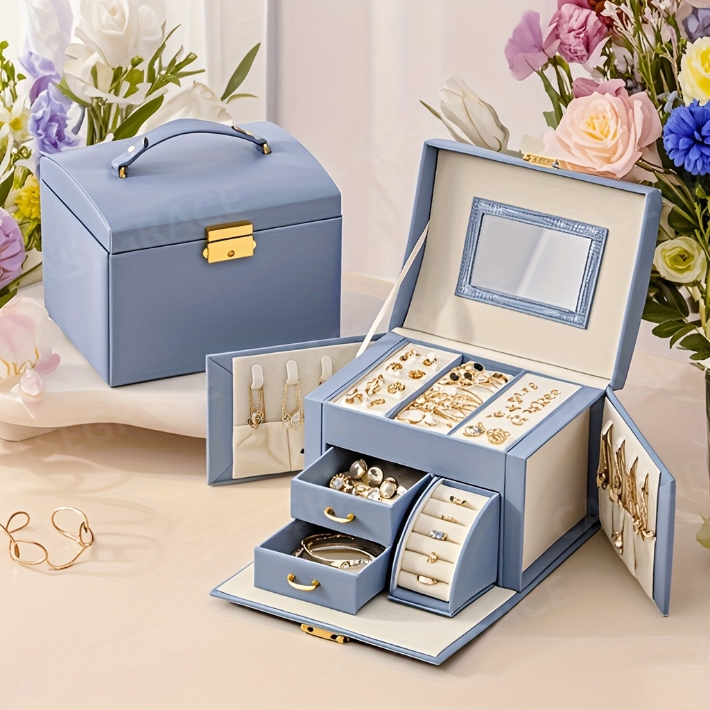 1pc   portable jewelry organizer box with built in   double drawer storage key lock 6 9   leather travel case for necklaces rings earrings watches multi compartment fabric lined interior elegant light blue golden accents jewelry travel case keepsake holder luxury   fabriclined drawers jewelry boxes Product details 0