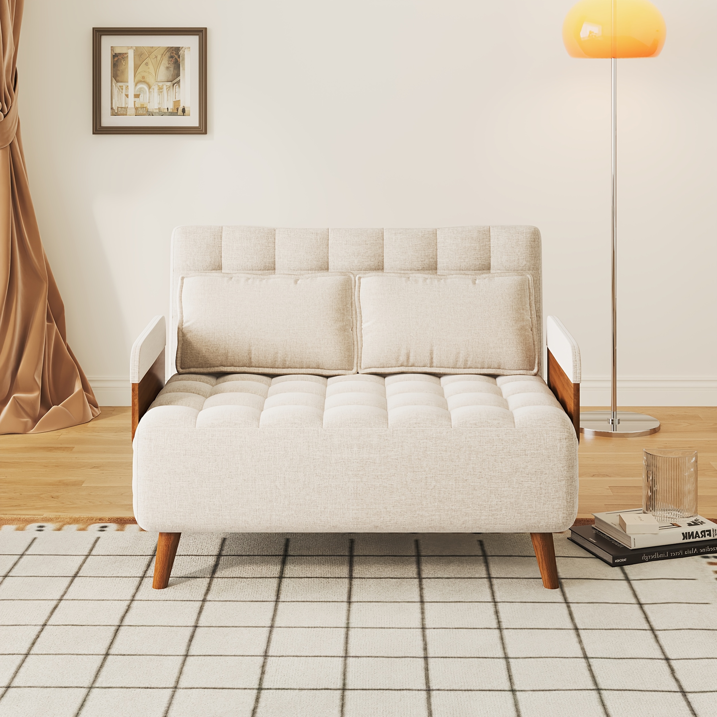 1 Modern Cotton And Linen Convertible Sofa Bed with 5 Adjustable Backs, Adjustable Height Pillows - Living Room Recliner, Single Or Double Use, Living Room Furniture Sofa | Neutral Home Decor | Wood Frame Sofa (Beige/Coffee)
