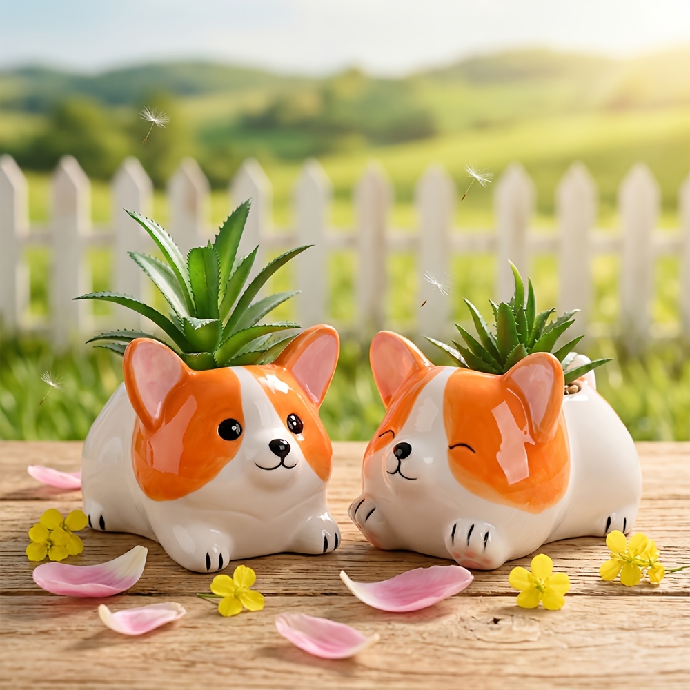 2pcs cute corgi ceramic planter pots with air ventilation holes succulent and small plant container cartoon   greenery holder for home office desk coffee table decor holiday gift gardening gift for home decor Product details 0