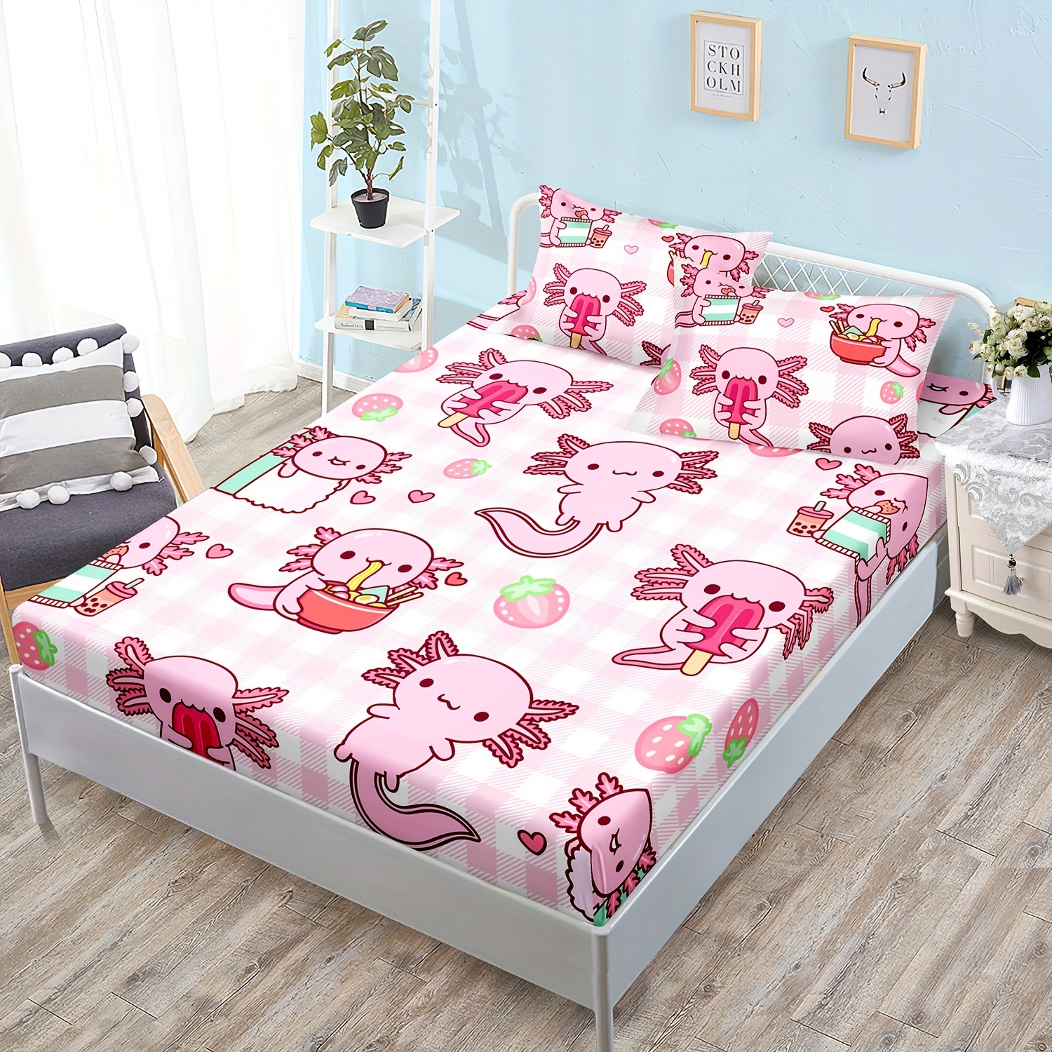 

3pcs 100% Polyester Cartoon Zirconium Print Fitted Sheet Set Teens Bedroom Decoration, Pink Kawaii Girl Bedding Set, 1 Fitted Sheet + 2 Pillowcases Without Core