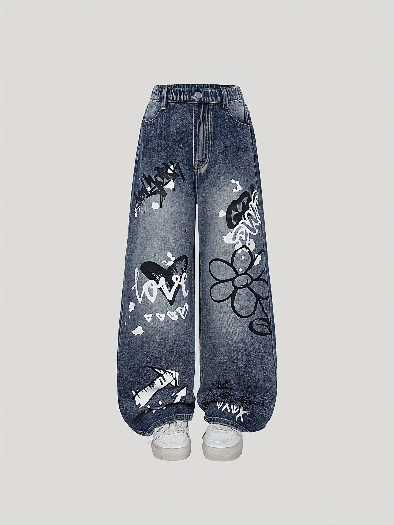 Baggy Y2K-jeans – retro geborduurde hiphop skater denim broek met wijde pijpen, uniseks - België