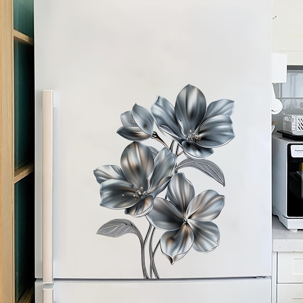 Floral Dishwasher Sticker Wall Decal - Removable Self-adhesive Silvery Flower Decals, Modern Kitchen Appliance Decor Stickers For Dishwasher Door Home Embellishment