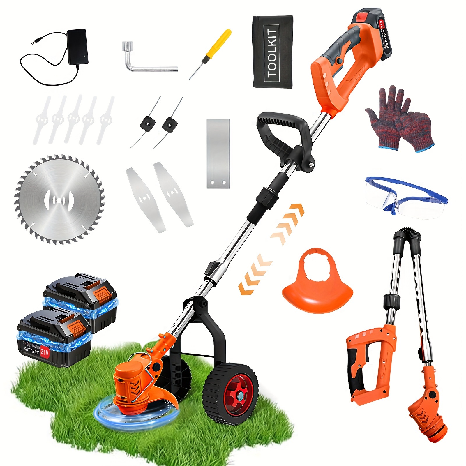 

Electric With Wheels Cordless 21v No String Grass Trimmer With 2 * 2.0ah Battery Powered And 3 Types Blade, Adjustable Lawn Grass Edger Brush Cutter Weeder Tool Garden And Yard
