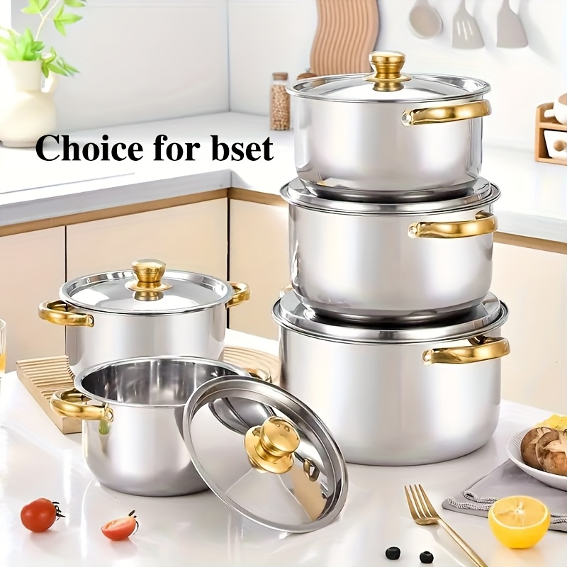 TEMU 10/12/1pc Stainless Steel Cookware Set | Durable Golden Handle, 304 Stainless Steel, Induction Compatible & Ricotta Pot, Versatile For Home & Restaurant, Perfect Christmas Gift