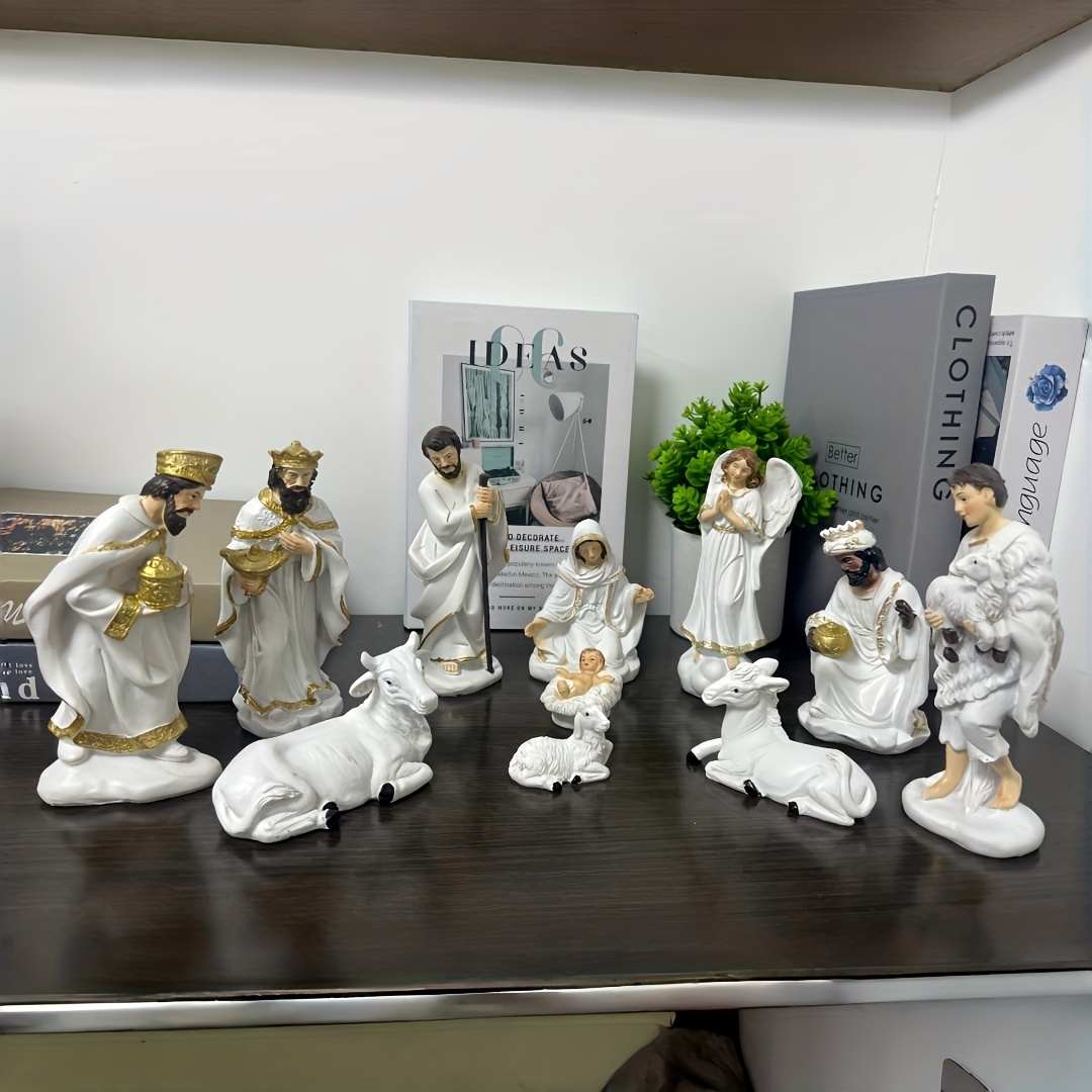 Image of 11pcs White Christmas Nativity Statue, Hand-painted Resin Christmas Manger Decoration Figurine, Suitable For Christmas Home Decor And Gifts