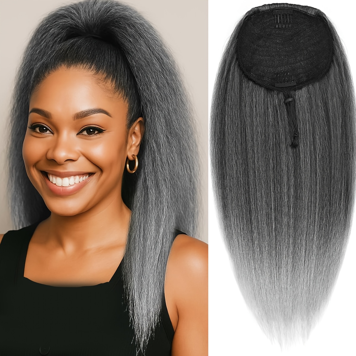 TEMU Long Gray Straight Drawstring Ponytail For 26inch Slight Kinky Straight Hair Pony Tail Hairpieces Synthetic Ponytail Extension(t1b/gray)