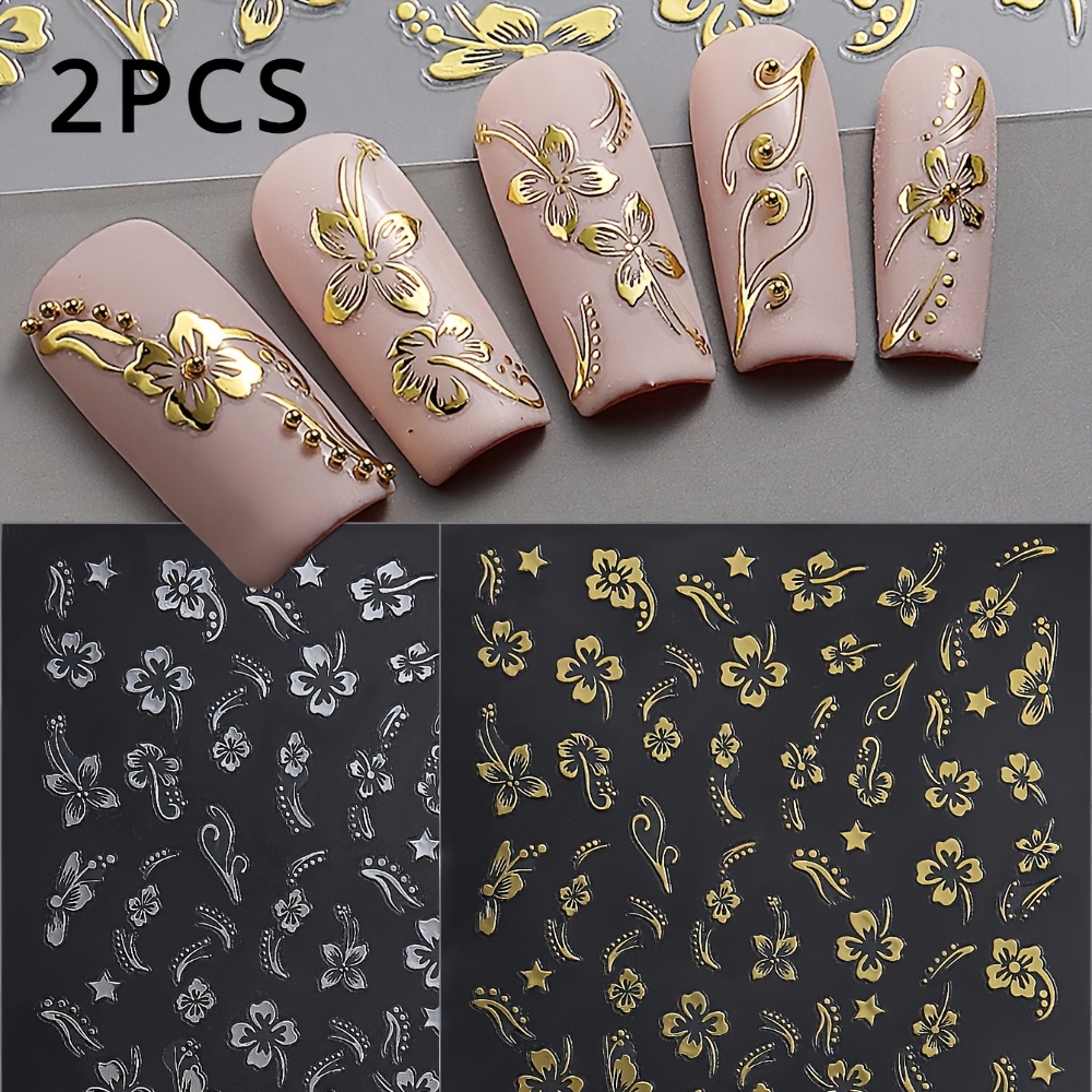 Image of 2pcs Holographic Hibiscus Flower Nail Art Stickers Golden Pink Petal Leaf Sliders For Nails Y2k Design Manicure Decoration For Women Friend Gift Diy