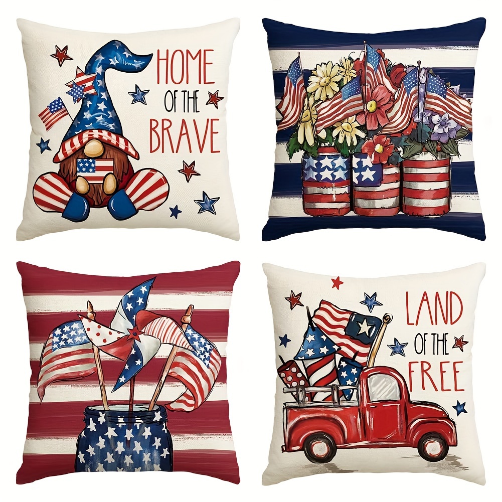 

4pcs/set Sm:)e 4th Of July Stripes Throw Pillow Covers, 18 X 18 Inches Independence Memorial Day Flag Gnome Vases Truck Decorations For Sofa Couch