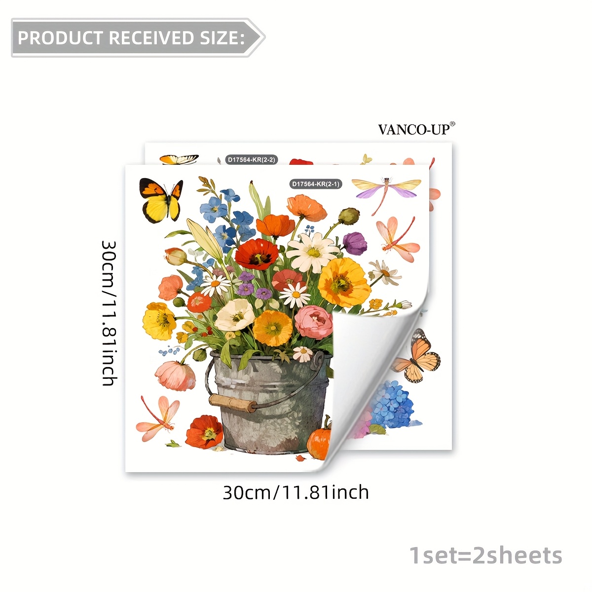 E-shop Set mit 2 Stück, 30*30cm, Ein Eimer mit Blumen-Fensterbildern, doppelseitig, statisch haftende Glasaufkleber zur Verschönerung Dekoration von