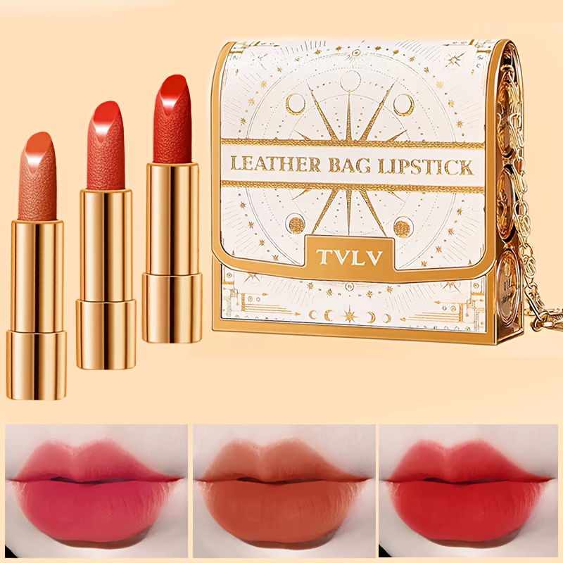 TEMU 3pcs Matte Lipstick Set, With Silvery Chain Packaging Bag, Velvet Lipstick Gift Box Set, Waterproof And Long-lasting, Retractable, Red Lipstick