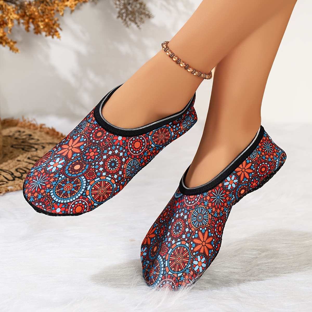 TEMU Women's House Slippers - Indoor Slippers - Ethnic Vintage Bohemian Print - Plush Lined Floor Socks, Slippers, Shoes And Socks, Soft Sole, Quiet,