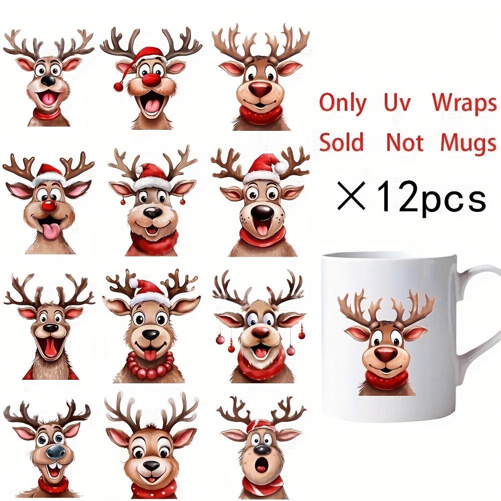 

12 Pieces Christmas Reindeer Stickers - Uv Dtf Printing, High-quality, Non-stick, Perfect For Decorating Mugs And Glass Jars - Festive Holiday Decor