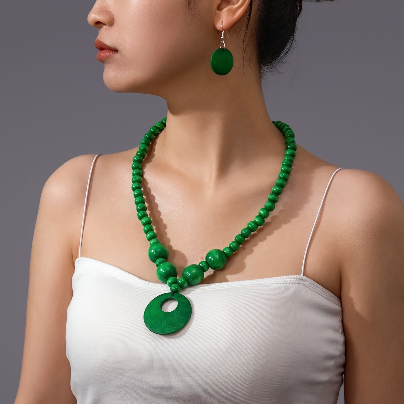 TEMU 1pc Bohemian Geometric Wooden Beads Single Layer Stretch Necklace, With Pendant Earrings, Vintage Style, Handcrafted Women And ' Individual