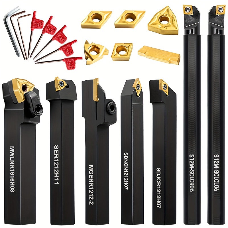 

14pcs/set Metal Lathe Turning Tools, Including 7pcs 1/2in (127mm) Turning Tool Holders And 7pcs Indexable Carbide Inserts Ccmt060204 Dcmt070204 11er Wnmg080404 Mgmn200-g