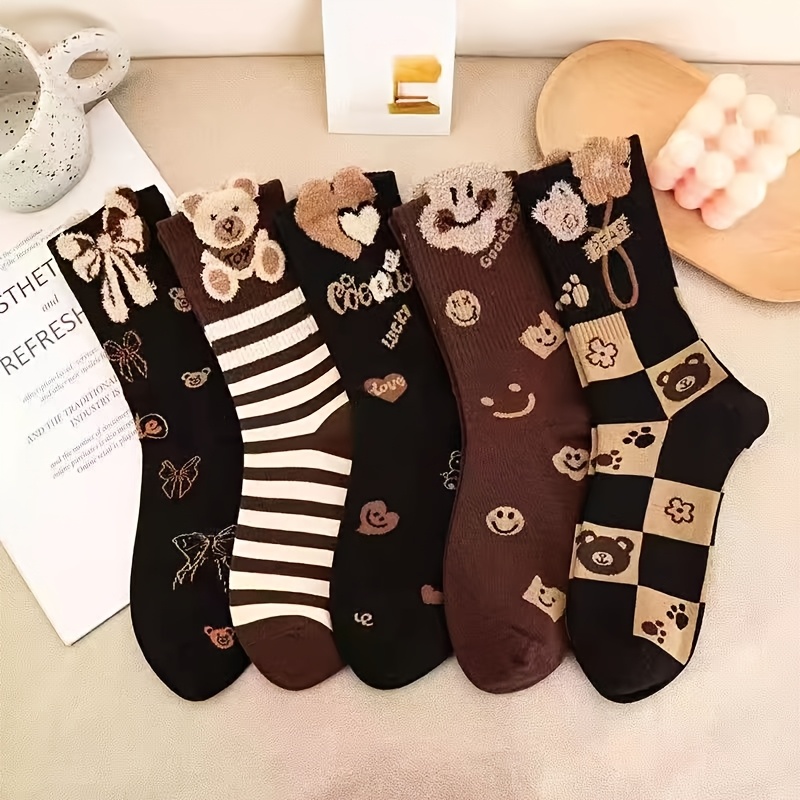 

5/10pcs Are More Cost-effective Girls' Socks New Autumn And Socks Brown Color Feather Yarn Three- Mid-calf Breathable Socks Ins Internet Same Style Long Socks