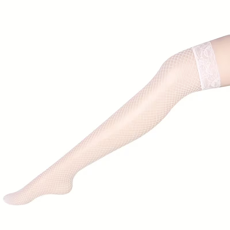 TEMU 1 Pair - Women's Elegant Long Fishnet Stockings With Lace Trim - Solid Colors (pink, Red, Black, White) - Sheer Tights Suitable For Parties And